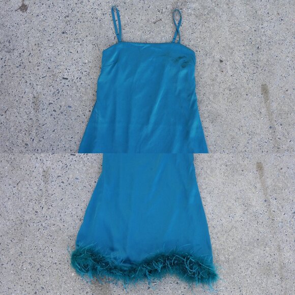 💎 NWT Style: Thirty Thirty Teal Feather Trim Mini Dress M - Picture 4 of 9